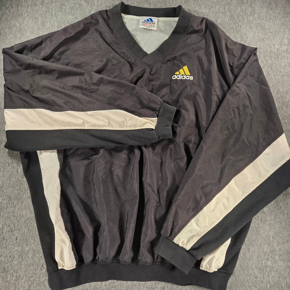 Vintage Adidas Windbreaker Mens XXL Black V-Neck Mesh Lined Pullover Gorpcore